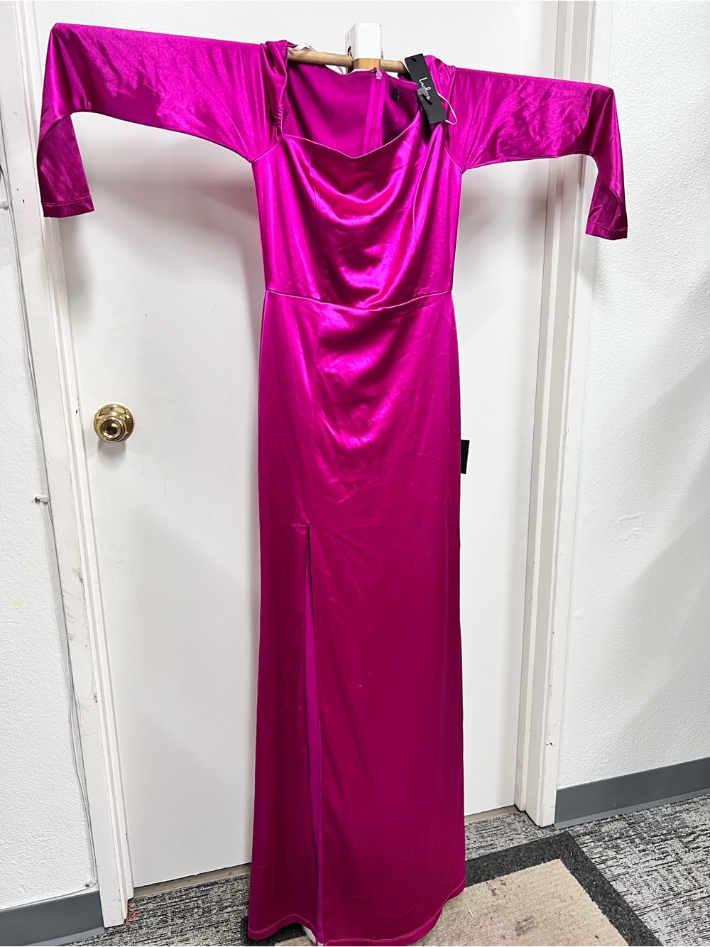 Lulu's Hot Pink Satin Cowl Neck Maxi Dress